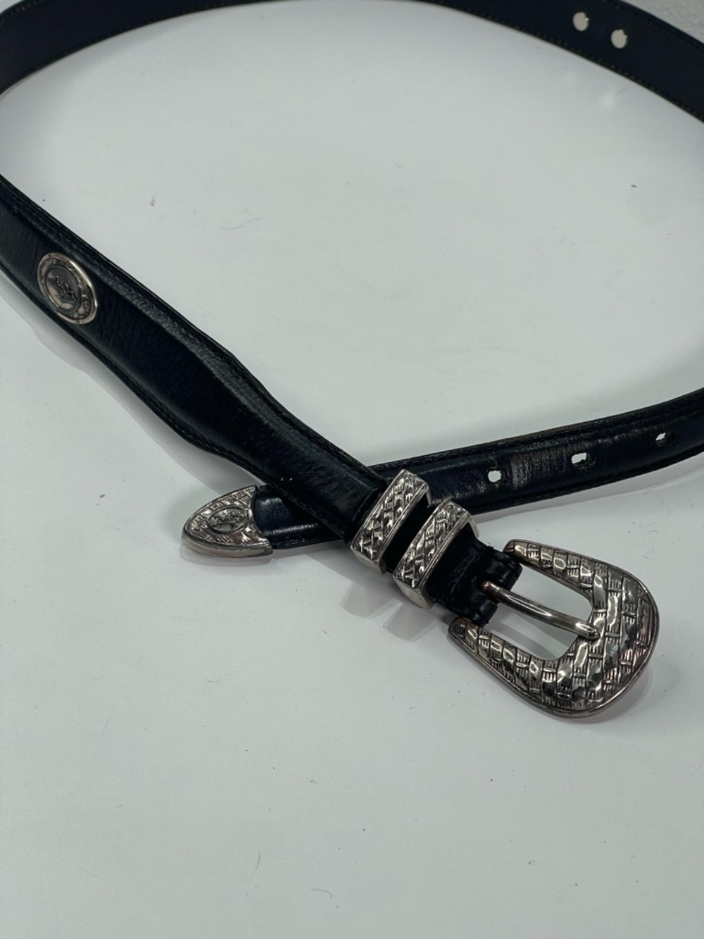 Vintage Greg Noman Black Leather Belt Golf  Shark Logo Conchos Sz 38